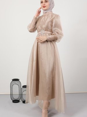 Organze Kloş Abiye Elbise Krem Organze Kloş Abiye Elbise Krem