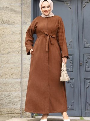 Gizli Fermuarlı Çizgili Kuşaklı Ferace Kahverengi