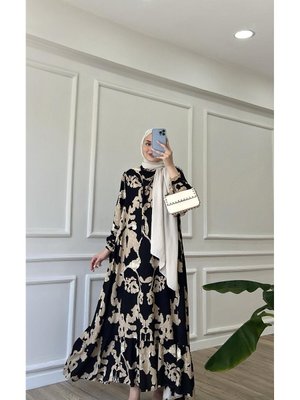 Siyah Bulut Desenli Premium Kumaş Viskon Elbise Siyah Bulut Desenli Premium Kumaş Viskon Elbise