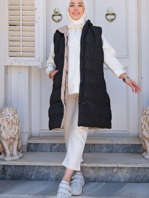 Vizon Kapüşonlu Çift Taraflı Şişme Yelek Siyah Vizon Kapüşonlu Çift Taraflı Şişme Yelek Siyah