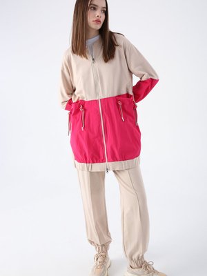 Bej Pamuklu Çift Renkli Dokuma Garnili Kordon Detaylı Eşofman Takımı