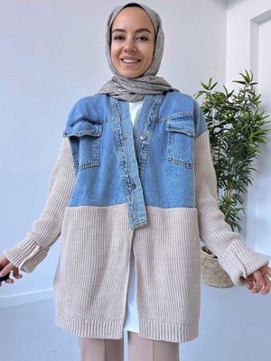 Jean Detaylı Oversize Hırka Mavi/bej