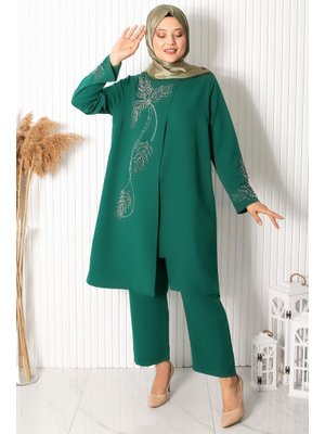 Büyük Beden Pantolon Tunik Abiye Takım Zümrüt