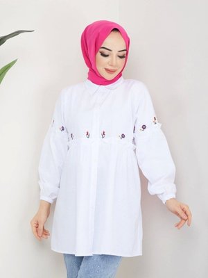 Çiçek Nakışlı Kolları Fırfır Detaylı Tunik