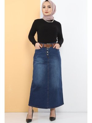 Mavi Kemerli Kot Etek Koyu