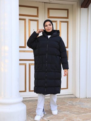 Çift Fermuarlı Bol Kesim Kapüşonlu Siyah Şişme Mont