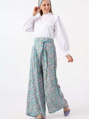 Turkuaz Pembe Emprime Desenli Bol Paça Çift Pileli Kuşaklı Viskon Pantolon