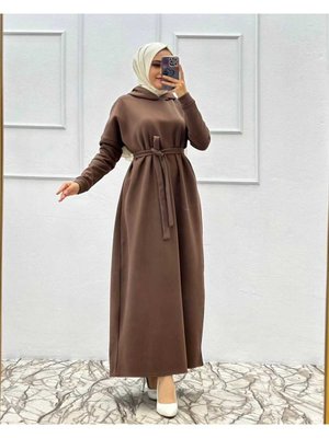 İplik Şardonlu Kapşonlu Elbise İplik Şardonlu Kapşonlu Elbise