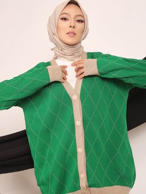 Yeşil Modest Düğmeli Desenli Triko Hırka