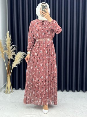 Pembe Plise Ve Kemer Detaylı Desenli Elbise