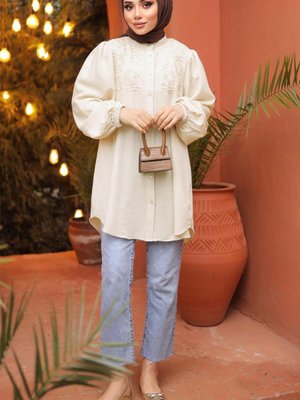 Kadın Bej Balon Kol Gömlek Tunik T