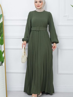 Kemerli Piliseli Aerobin Elbise Haki