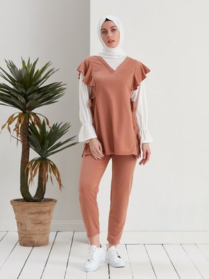 Kol Büzgülü Belden Kuşaklı İkili Takım Camel Kol Büzgülü Belden Kuşaklı İkili Takım Camel