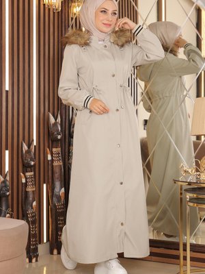 Büyük Beden Kapüşonlu Ribanalı Mont Bej