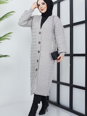 Gri Sepet Örgü Düğmeli Tam Boy Triko Hırka