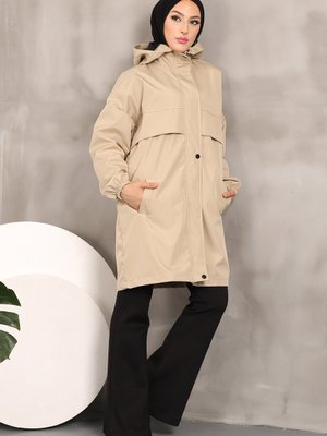 Taş Kapüşonlu Cepli Trençkot Taş Kapüşonlu Cepli Trençkot