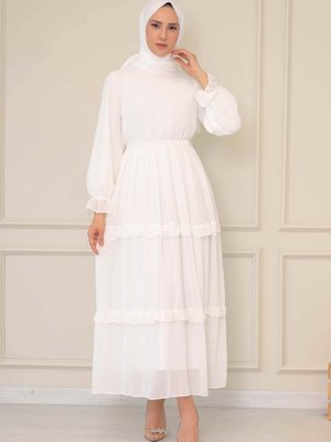 Fırfır Detaylı Kolları Büzgülü Şifon Elbise Beyaz Fırfır Detaylı Kolları Büzgülü Şifon Elbise Beyaz