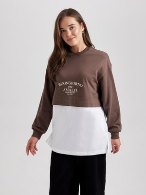 Regular Fit Bisiklet Yaka Slogan Baskılı İnce Sweatshirt Kumaşı Uzun Kollu Tunik