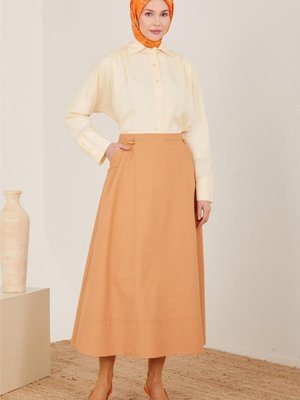 Önü Büzgülü Cepli Pamuk Etek Çikolata