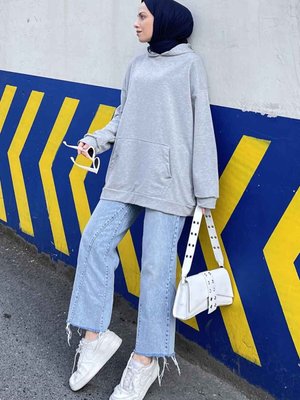 Kanguru Cep Kapüşonlu Düz Renk Sweatshırt