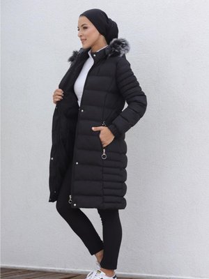 Tam Dolgulu Süper Kumaş Kapşonu Kürklü Spor Şişme Mont