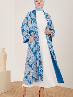 Baskılı İçi Şifonlu Kimono İndigo
