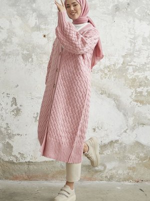Arene Uzun Örgülü Düğmeli Triko Hırka Pudra