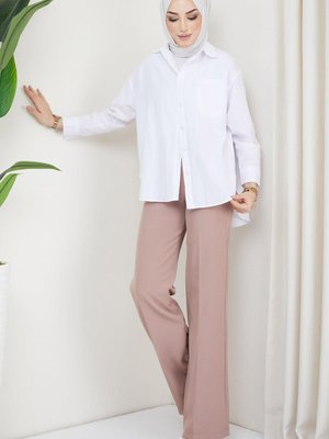 Kemerli Geniş Paça Kumaş Pantolon Vizon Kemerli Geniş Paça Kumaş Pantolon Vizon