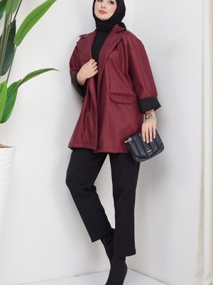 Sim Görünümlü Suni Deri Ceket Bordo Sim Görünümlü Suni Deri Ceket Bordo