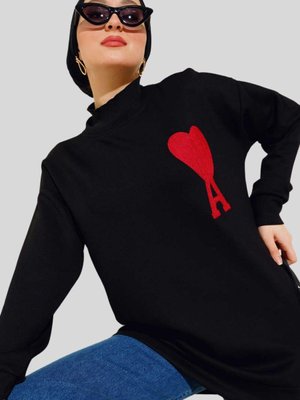 Siyah Kalp Baskılı Bisiklet Yaka Tunik Siyah Kalp Baskılı Bisiklet Yaka Tunik