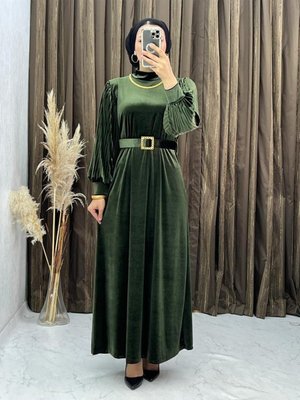 Kadife Kemer Detaylı Kol Piliseli Haki Elbise