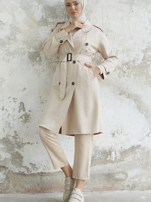 Minka Kuşaklı Scuba Süet Trenç Krem