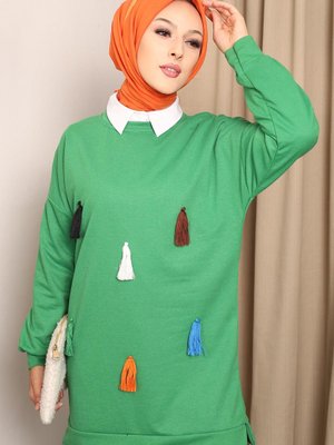 Yeşil Püskül Detaylı İki İplik Sweatshirt Yeşil Püskül Detaylı İki İplik Sweatshirt