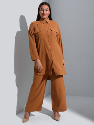 Büyük Beden Cep Detaylı Düğmeli Tunik & Pantolon Aerobin İkili Takım Taba