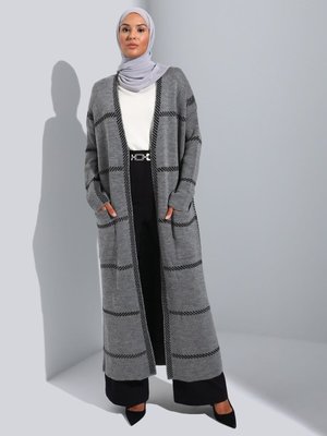 Ekoseli Tam Boy Triko Hırka Antrasit Siyah