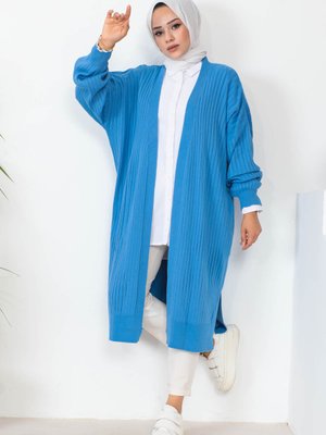 Mavi Modest Fitilli Yırtmaçlı Uzun Triko Hırka