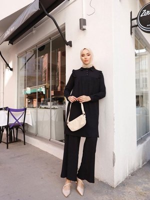 Yaka Detaylı Bürümcük Tunik Pantolon Takım Brc24m02 Siyah