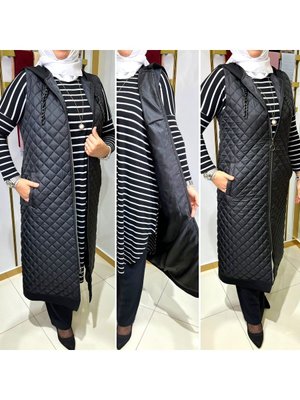 Tesettür Giyim Kapitone Yelek Fermuarlı Kapüşonlu