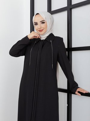 Büyük Beden Soft Krep Yazlık Ferace Pardesü Yakası Zincirli