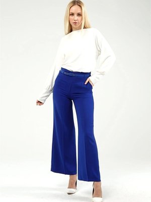 Kadin Krep Kemerli Mavi Pantolon