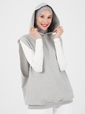Kapüşonlu Kolsuz Sweatshirt Gri Melanj