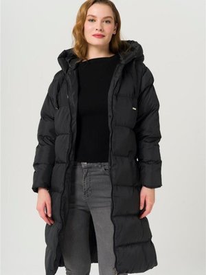 Kapüşonlu Grogren Detaylı Şişme Mont Siyah