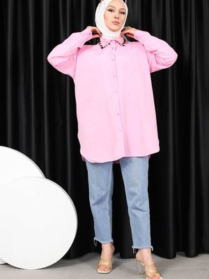 Pembe Yaka Boncuklu Terikoton Gömlek