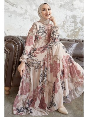 Pudra Jalya Yakası Düğmeli İpli Şifon Elbise