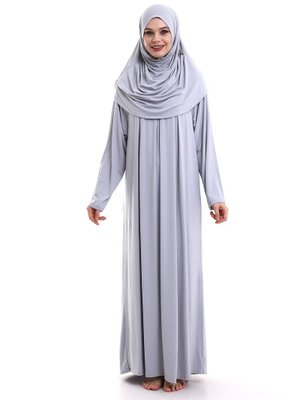 Gri Tek Parça Pratik Başörtülü Robalı Namaz Elbisesi