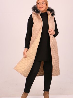 Bej Büyük Beden Kapitone Çıkarılabilir Kapüşonlu Yelek