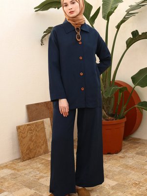 Lacivert Cepli Tahta Düğmeli Gömlek Yaka Keten Ceket