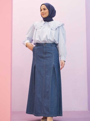 Pileli Denim Etek Koyu Mavi