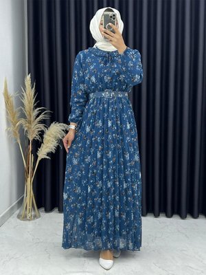 Mavi Pilise Ve Kemer Detaylı Desenli Elbise
