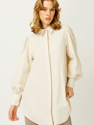 Balon Kollu Basıc Gömlek Bej